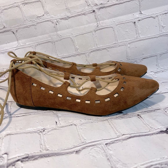 SOLE DIVA Ballet Flats Pointy Toe Ankle Strap Lace Up Cognac-9 - Picture 3 of 6